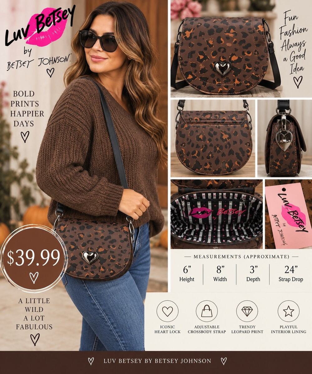Betsey Johnson Leopard Print Small Crescent Crossbody Bag Brown Black Snap